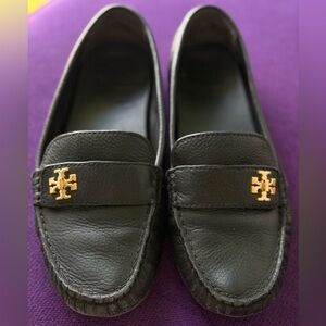 Tory Burch Dark Leather Loafers with Gold Emblem